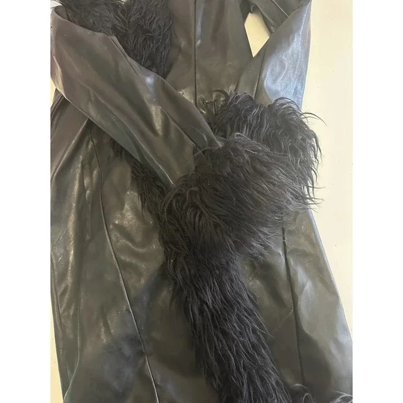 Vintage Y2K Formula X Penny lane all black coat size M faux leather fur Goth - Picture 5 of 13